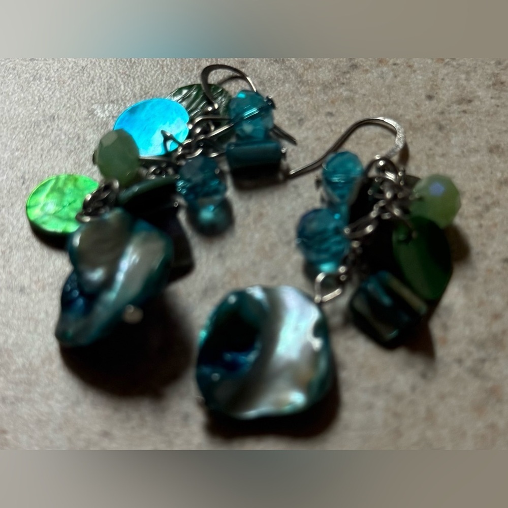 Colorful Teal Abalone & Sea Glass Dangle Earrings | Ocean-Inspired Statement - Picture 7 of 7